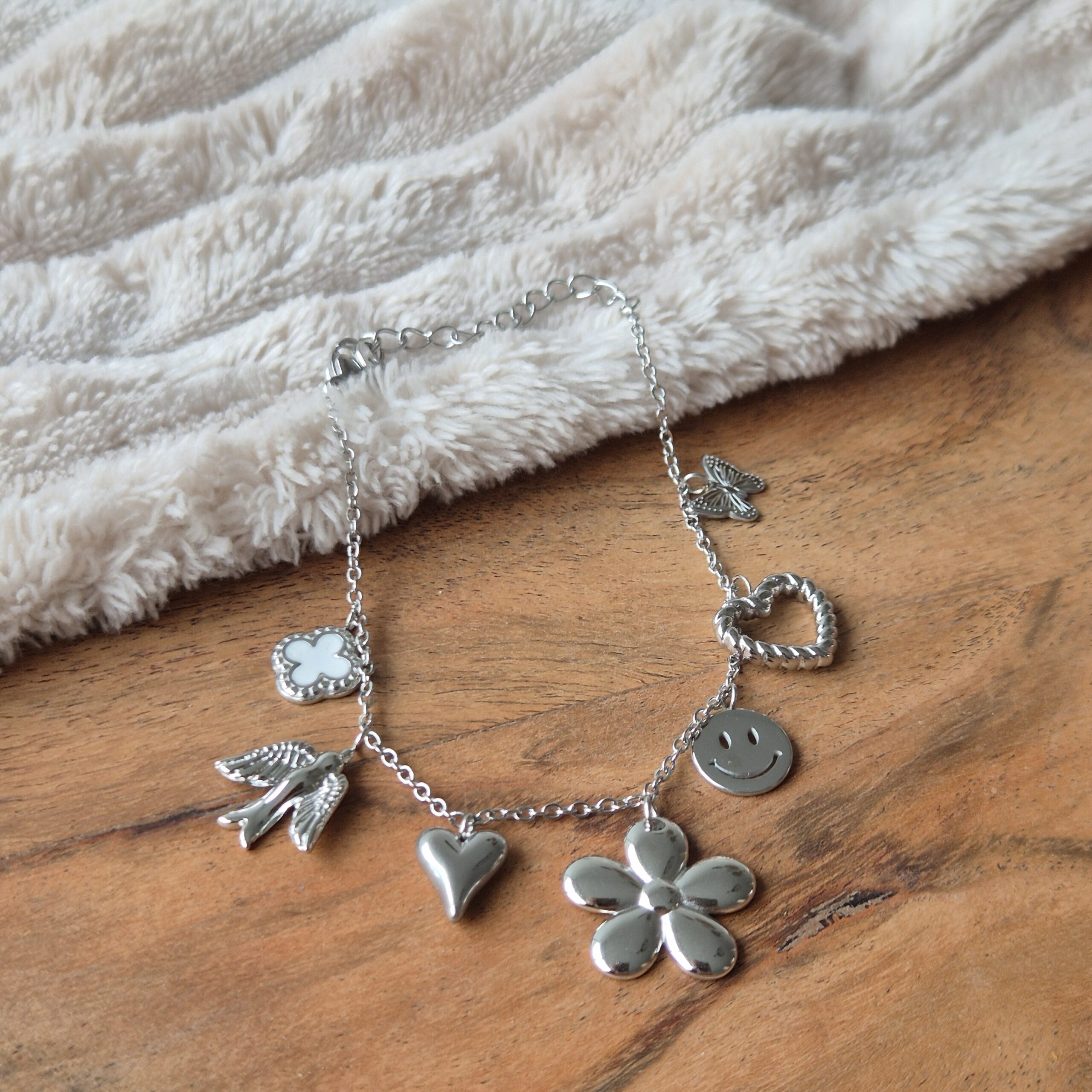 Bedelarmband kruis - duif - hart - bloem - smiley - vlinder, jewelley, stainless steel, webshop