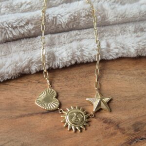Bedelketting hart - zon - ster, bedelkettingen goud, jewellerly, bracelets, webshop, lovely home by natalie, trendy sieraden, stainless steel