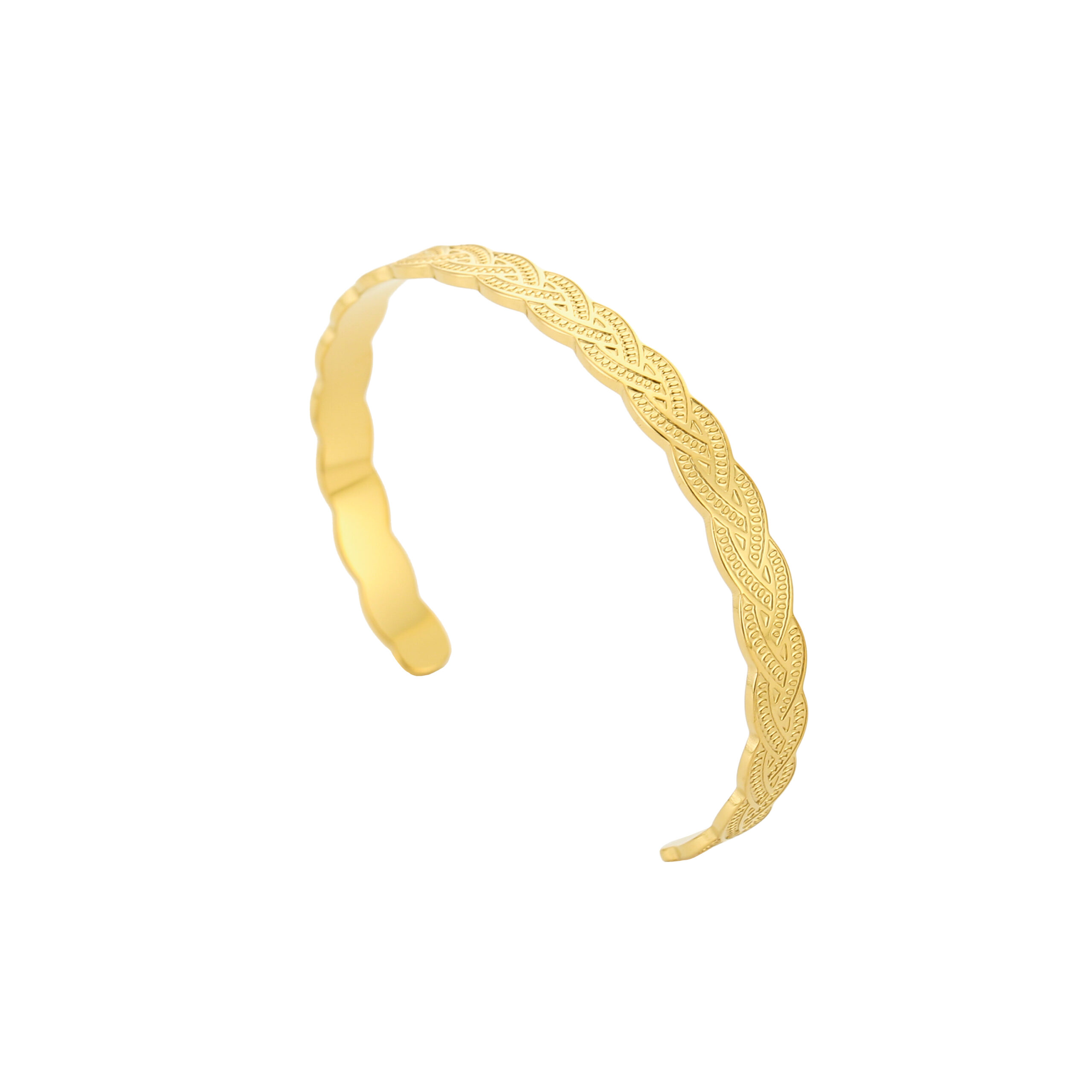 bangle armband, gouden armband, stainless steel armband, verstelbare armband, open armband, dames armband, minimalistische armband, trendy sieraden, fashion armband, goudkleurige armband, fijne armband, gevlochten design, elegante armband, moderne sieraden, tijdloze armband, webshop in sieraden van stainless steel