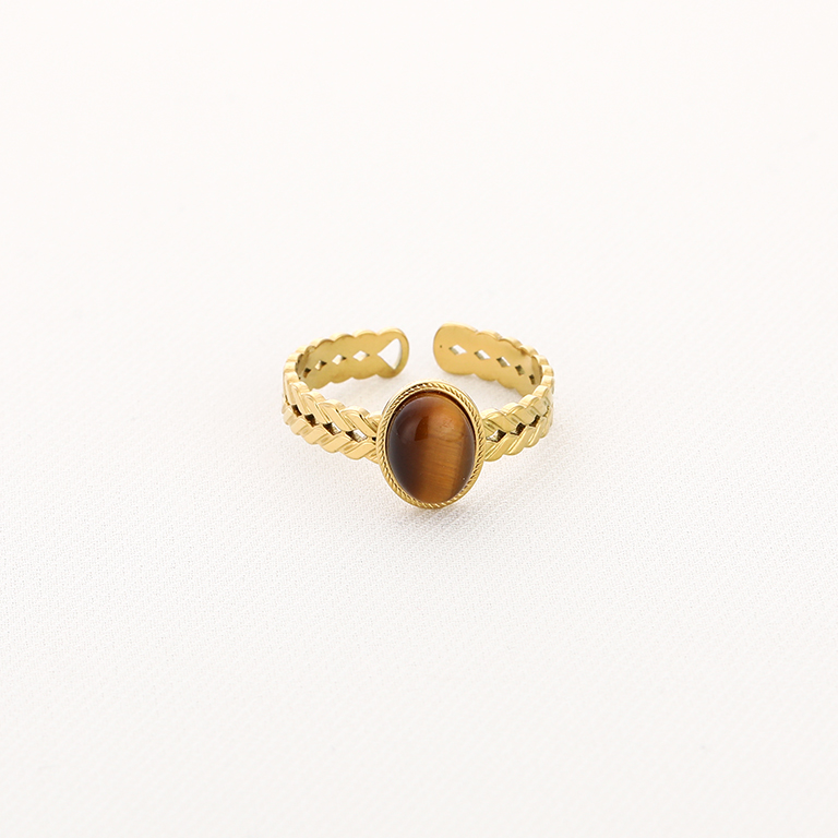 verstelbare ring, gouden ring, stainless steel ring, tijgeroog ring, tiger eye ring, ovale steen ring, gevlochten ring, braided ring, statement ring, boho sieraden, dames ring, trendy ring, verstelbare dames ring, stacking ringen, bruine steen ring