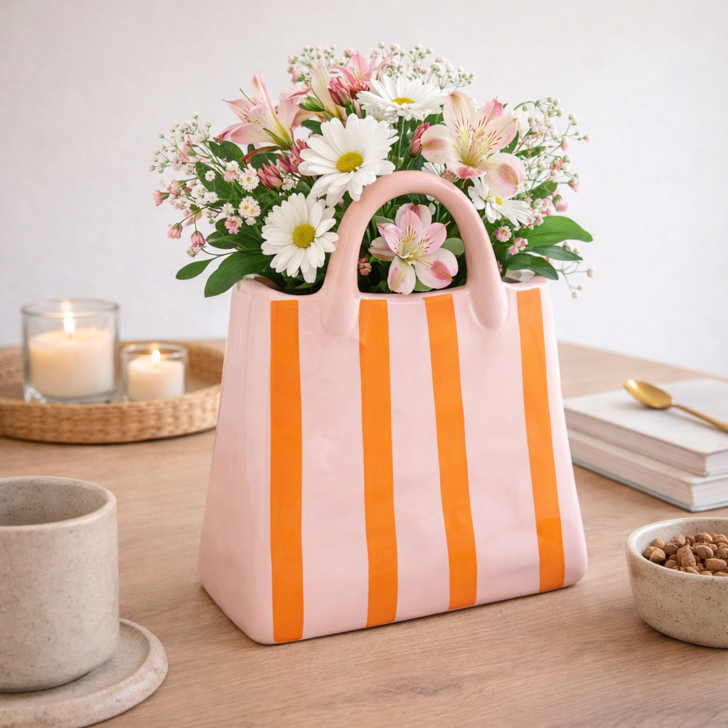 handtas vaas, tas vaas, handtas vorm vaas, keramische vaas, keramiek vaas, design vaas, unieke vaas, moderne vaas, decoratieve vaas, roze vaas, roze keramiek vaas, oranje gestreepte vaas, gestreepte vaas, roze oranje vaas, trendy woondecoratie, interieur accessoire, woondecoratie vaas, design woonaccessoire, speelse vaas, opvallende vaas, decoratie voor tafel, decoratie voor kast, bloemenvaas, tulpen vaas, moderne interieur decoratie, cadeau voor haar, origineel cadeau, design object, statement vaas, stijlvolle woondecoratie