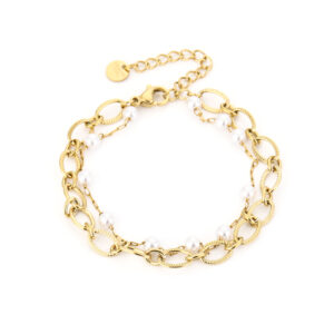 stainless steel armband, roestvrijstalen armband, goudkleurige armband, schakel armband, parel armband, parel schakel armband, minimalistische armband, elegante armband, trendy armband, moderne armband, dames armband, layering armband, fijne armband, parel sieraden, minimalistische sieraden, stainless steel sieraden, waterproof armband, verkleurt niet, hypoallergene armband, duurzame sieraden, everyday armband, chique armband, cadeau voor haar, dames sieraden, goudkleurige stainless steel armband