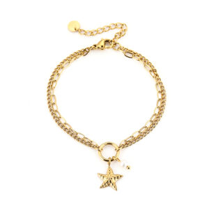 stainless steel armband, roestvrijstalen armband, goudkleurige armband, dubbele schakel armband, schakel armband, minimalistische armband, trendy armband, elegante armband, moderne armband, dames armband, layering armband, bedel armband, ster bedel armband, zeester bedel, strand armband, zomerse armband, minimalistische sieraden, stainless steel sieraden, waterproof armband, verkleurt niet, hypoallergene armband, duurzame sieraden, everyday armband, cadeau voor haar, dames sieraden, goudkleurige stainless steel armband